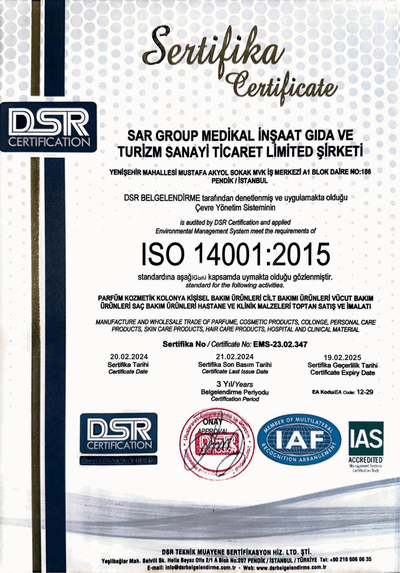ISO 14001 certificate — SAR Labs Environmental Management System