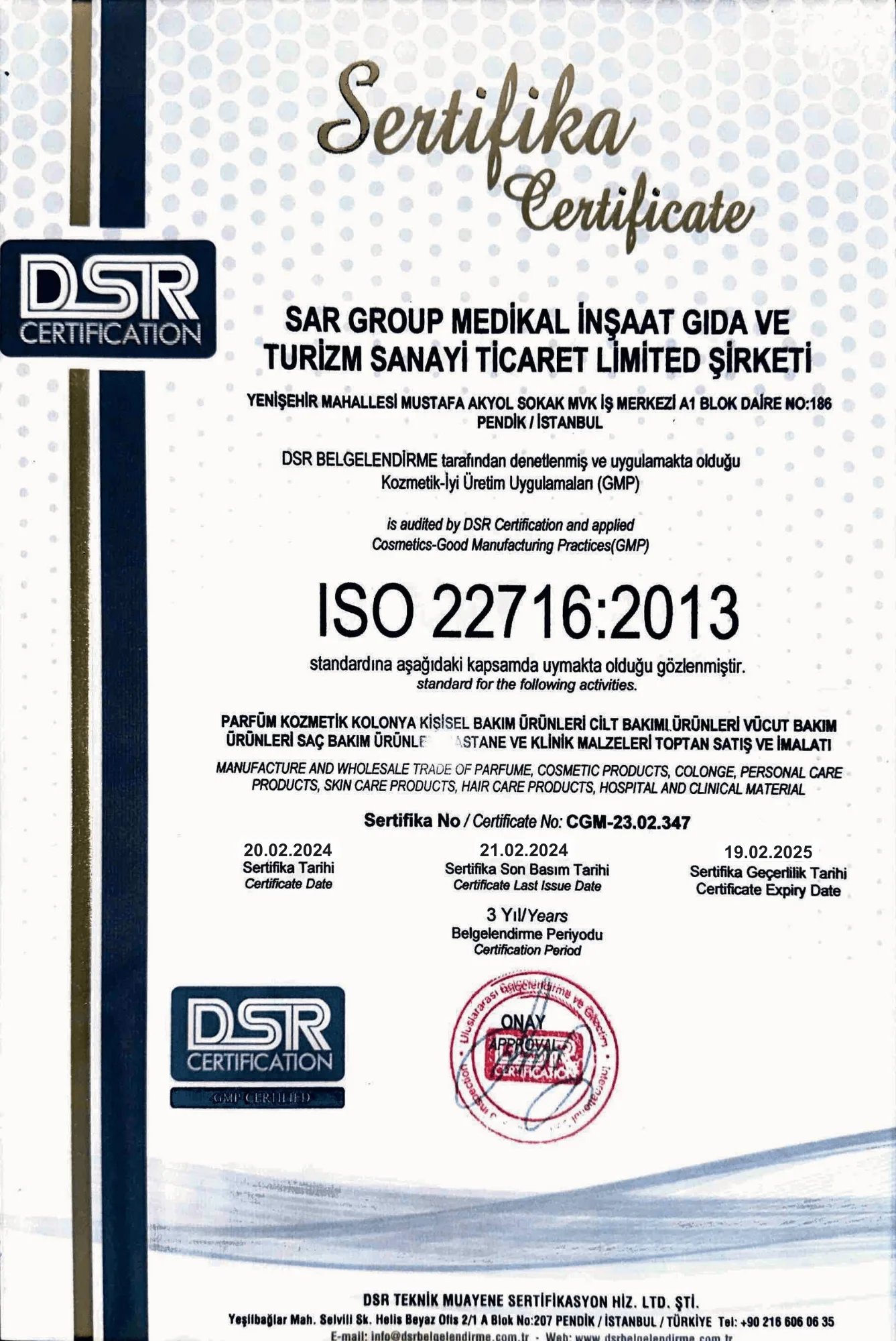 ISO 22716 (GMP) certificate — SAR Labs (Cosmetics Good Manufacturing Practices)