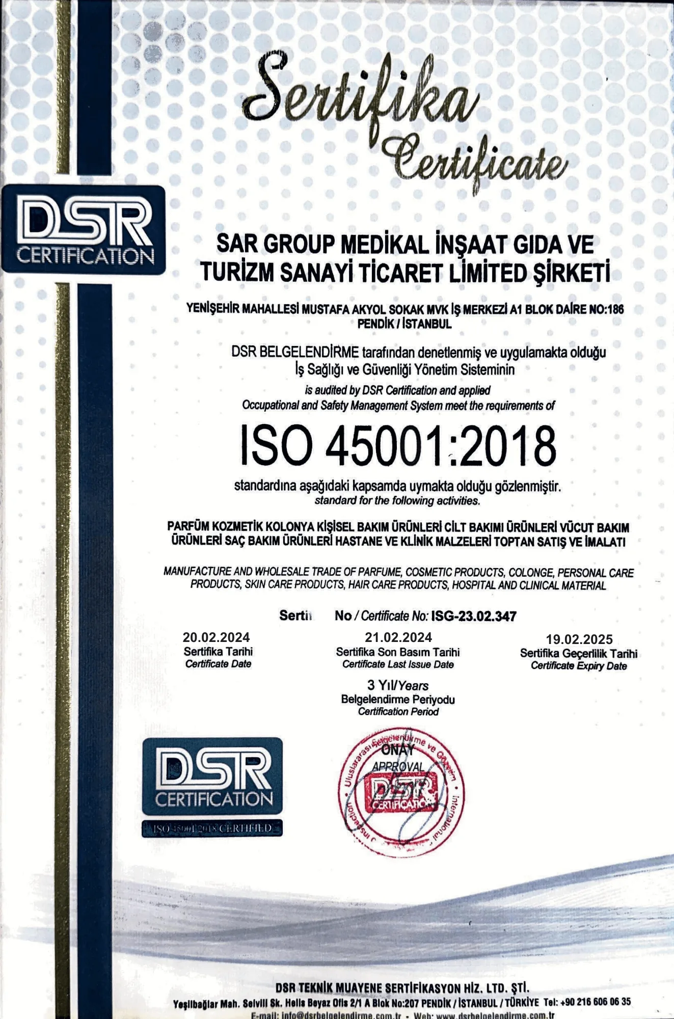 ISO 45001 certificate — SAR Labs Occupational Health & Safety