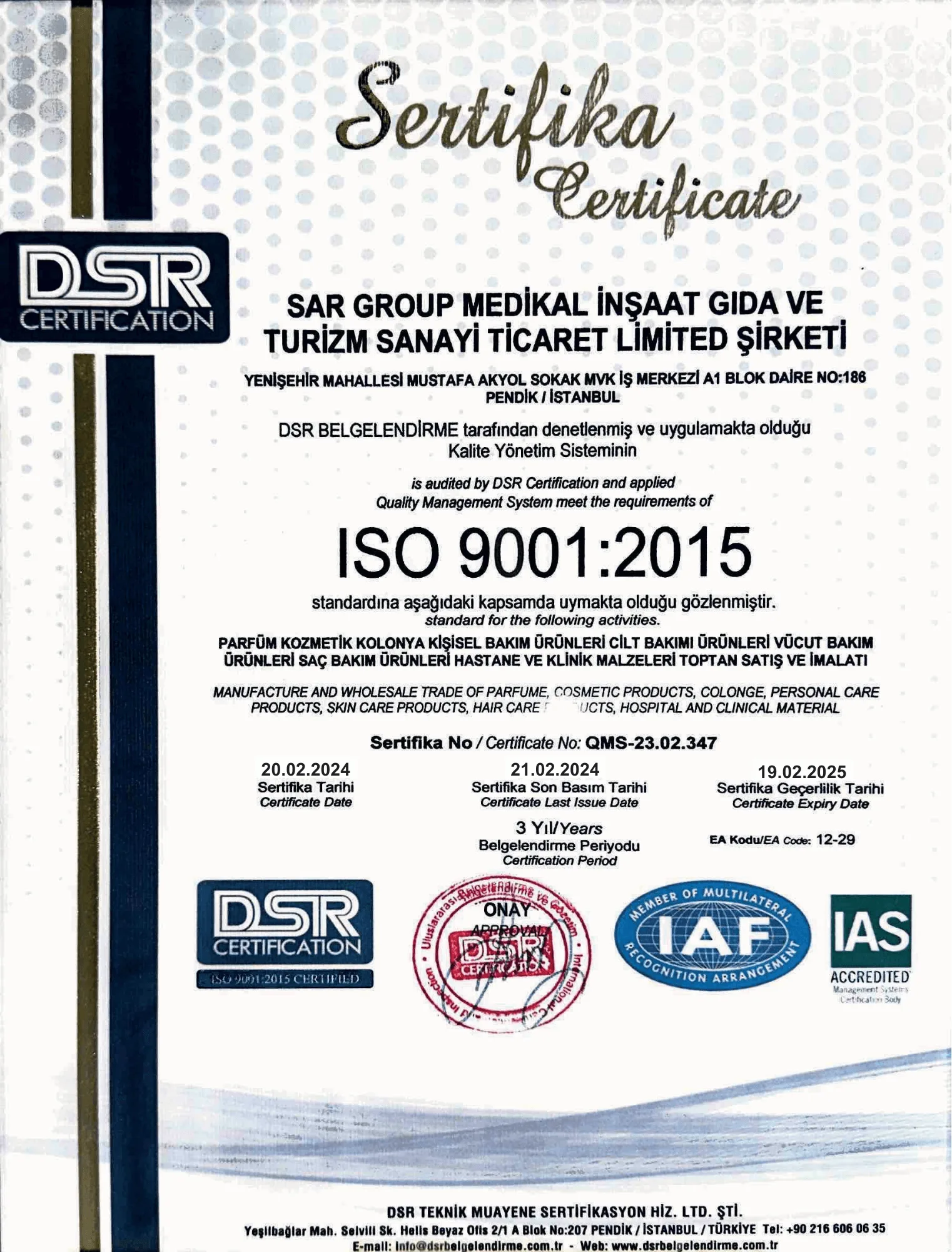 ISO 9001 certificate — SAR Labs Quality Management System