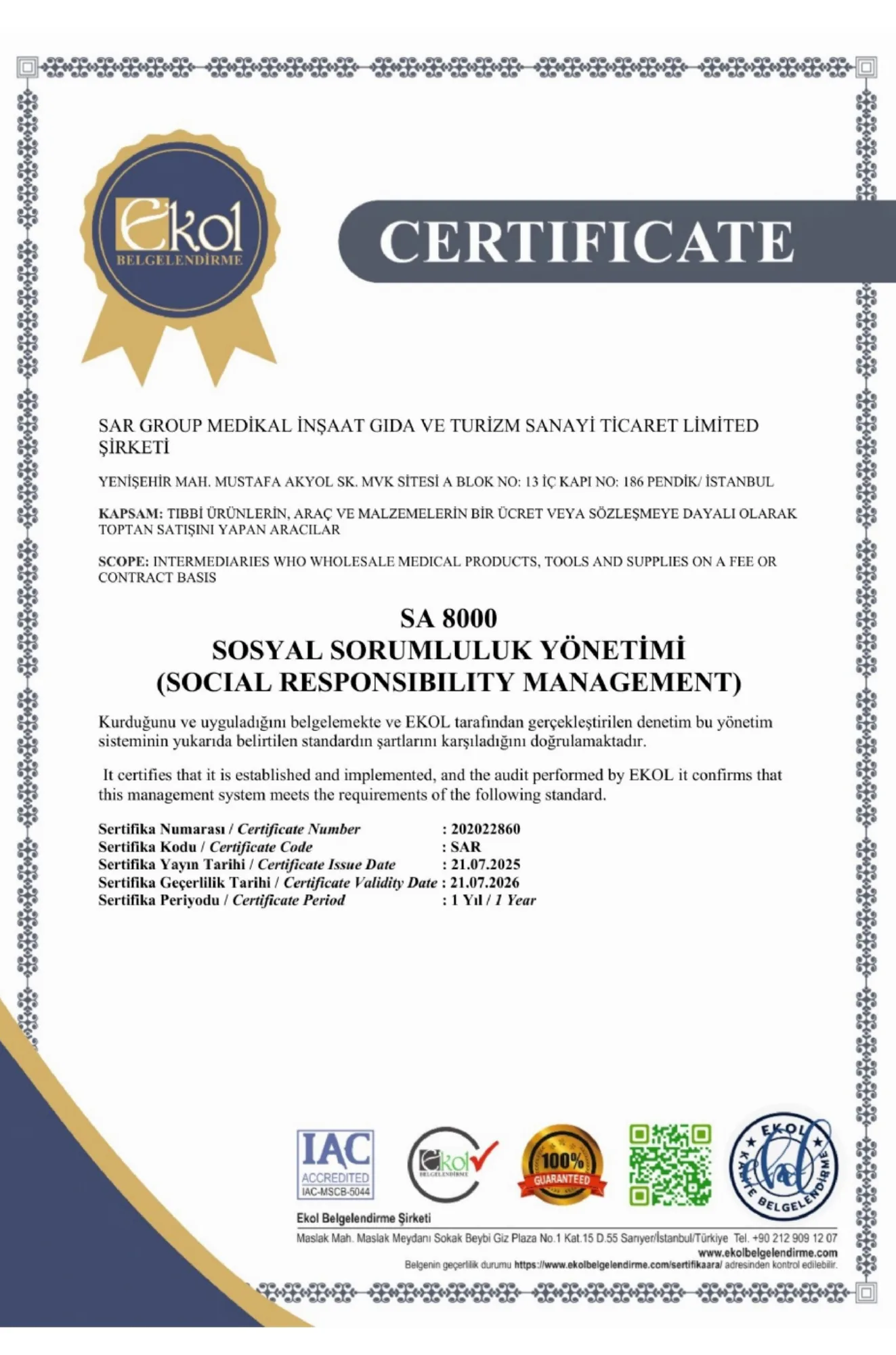 SA 8000 certificate — Social Responsibility Management (Ekol Belgelendirme)